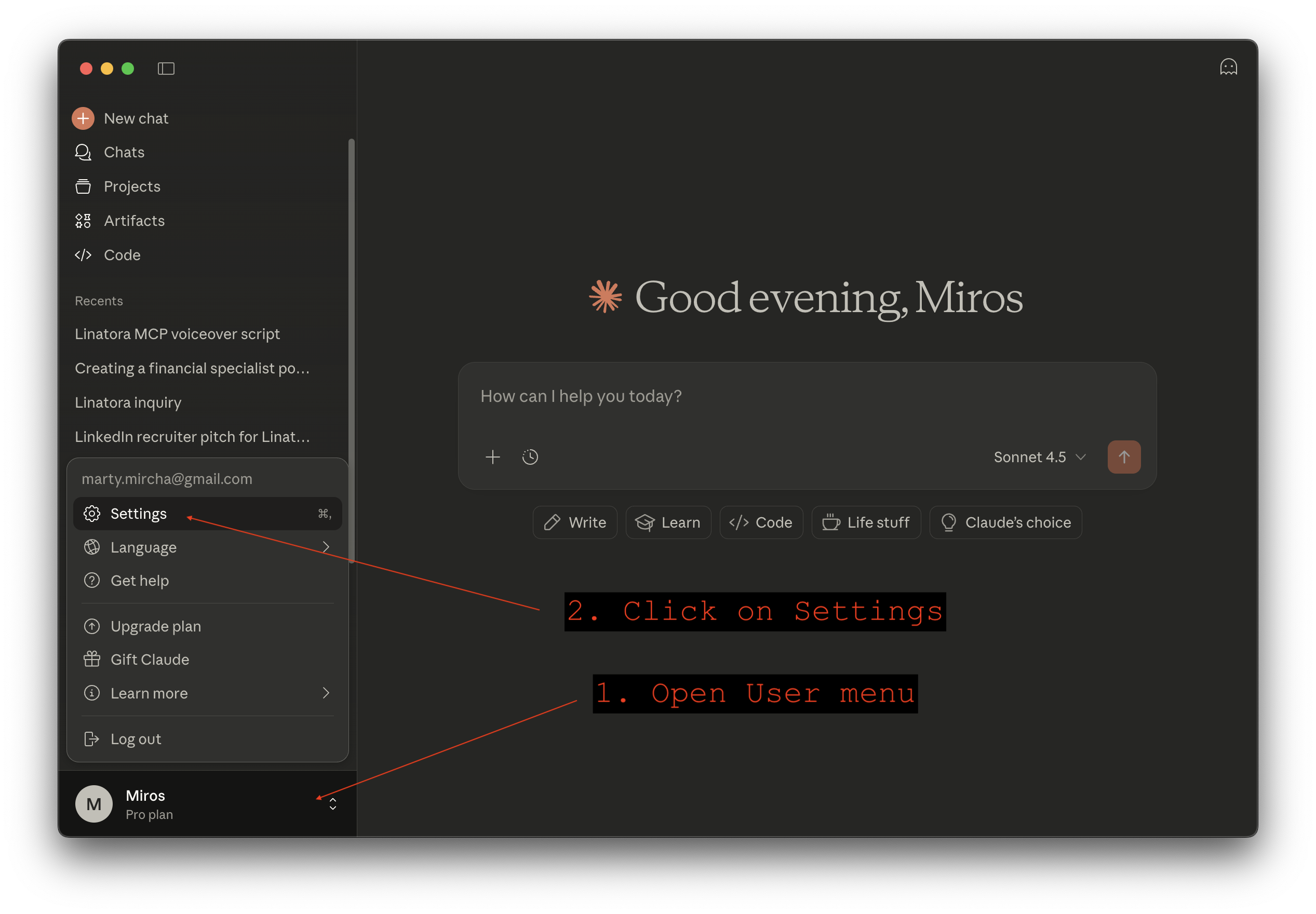 Open Claude user menu and click Settings